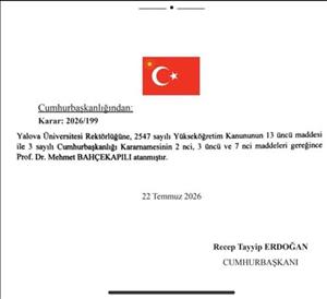 Cumhurbaşkanlığı Kararı ile Prof. Dr. Mehmet Bahçekapılı, ikinci kez Yalova Üniversitesi Rektörü olarak atanmıştır.